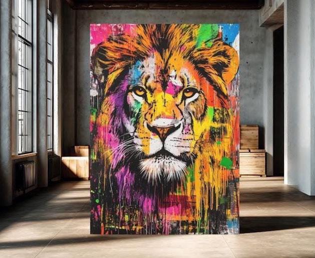 Colorful Abstract Lion Print | Modern Animal Wall Art, King Jungle Poster, Urban Graffiti Painting — Framed Print wall art