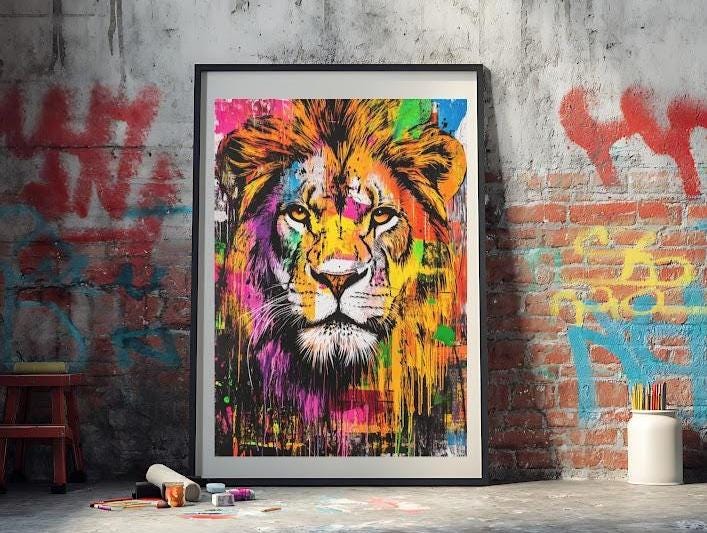 Colorful Abstract Lion Print | Modern Animal Wall Art, King Jungle Poster, Urban Graffiti Painting — Poster wall art