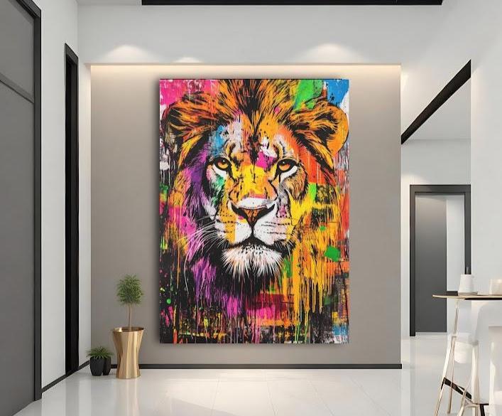 Colorful Abstract Lion Print | Modern Animal Wall Art, King Jungle Poster, Urban Graffiti Painting — Framed Print wall art