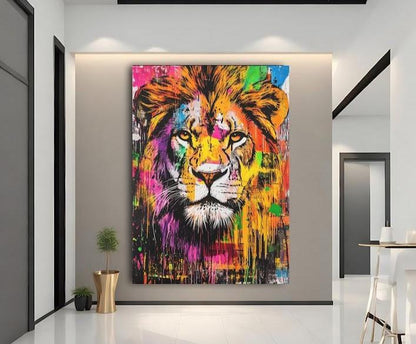 Colorful Abstract Lion Print | Modern Animal Wall Art, King Jungle Poster, Urban Graffiti Painting — Framed Print wall art