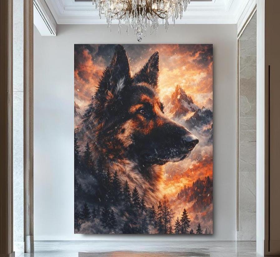 German Shepherd Mountain Sunset Canvas Print | Dramatic Pet Memorial Art — Poster wall art