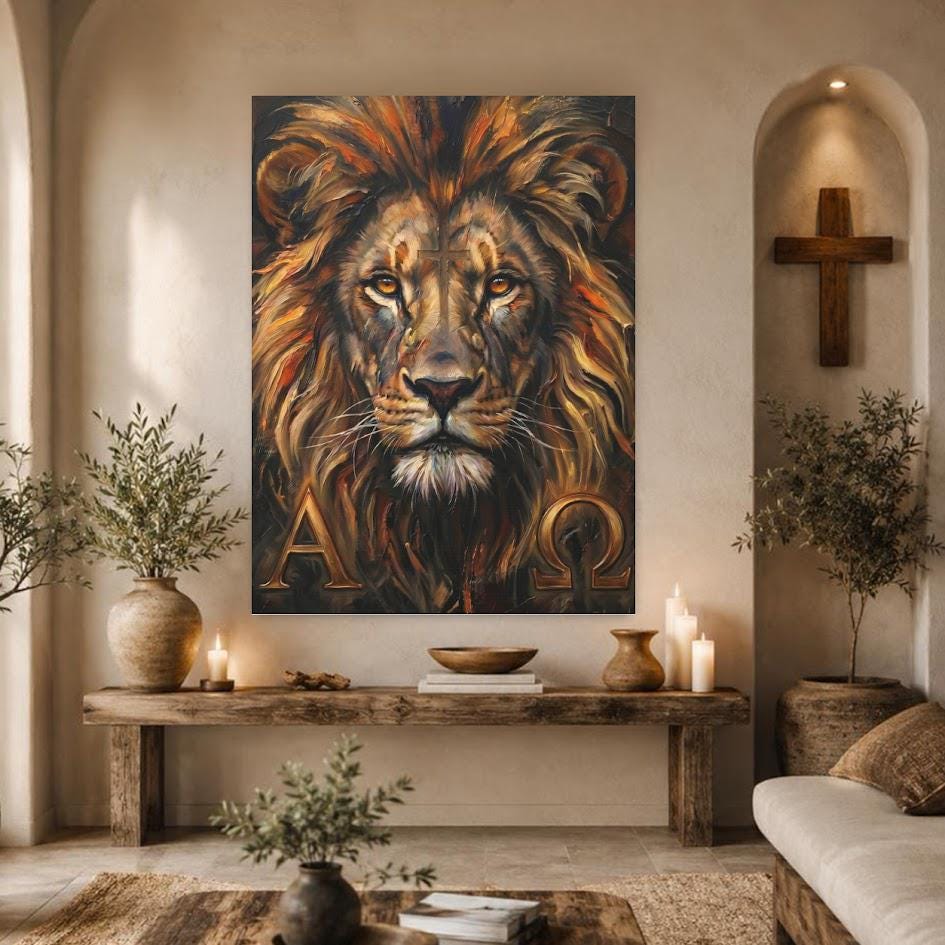 Alpha Omega Lion Wall Art | Lion of Judah Canvas Print | Christian Faith Decor — Framed Print wall art