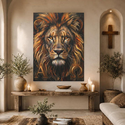 Alpha Omega Lion Wall Art | Lion of Judah Canvas Print | Christian Faith Decor — Framed Print wall art
