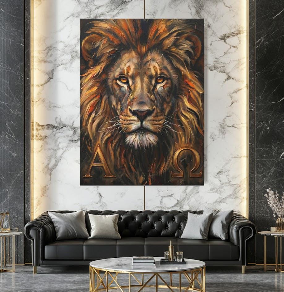 Alpha Omega Lion Wall Art | Lion of Judah Canvas Print | Christian Faith Decor — Framed Print wall art