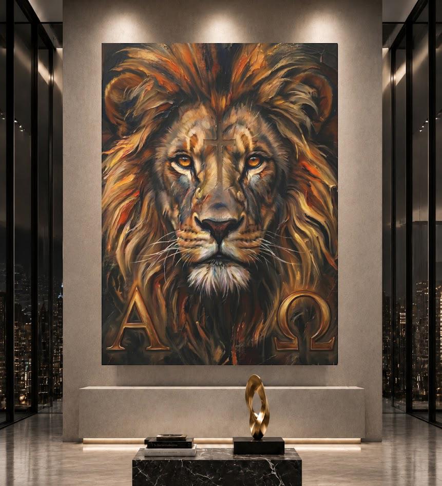 Alpha Omega Lion Wall Art | Lion of Judah Canvas Print | Christian Faith Decor — Framed Print wall art