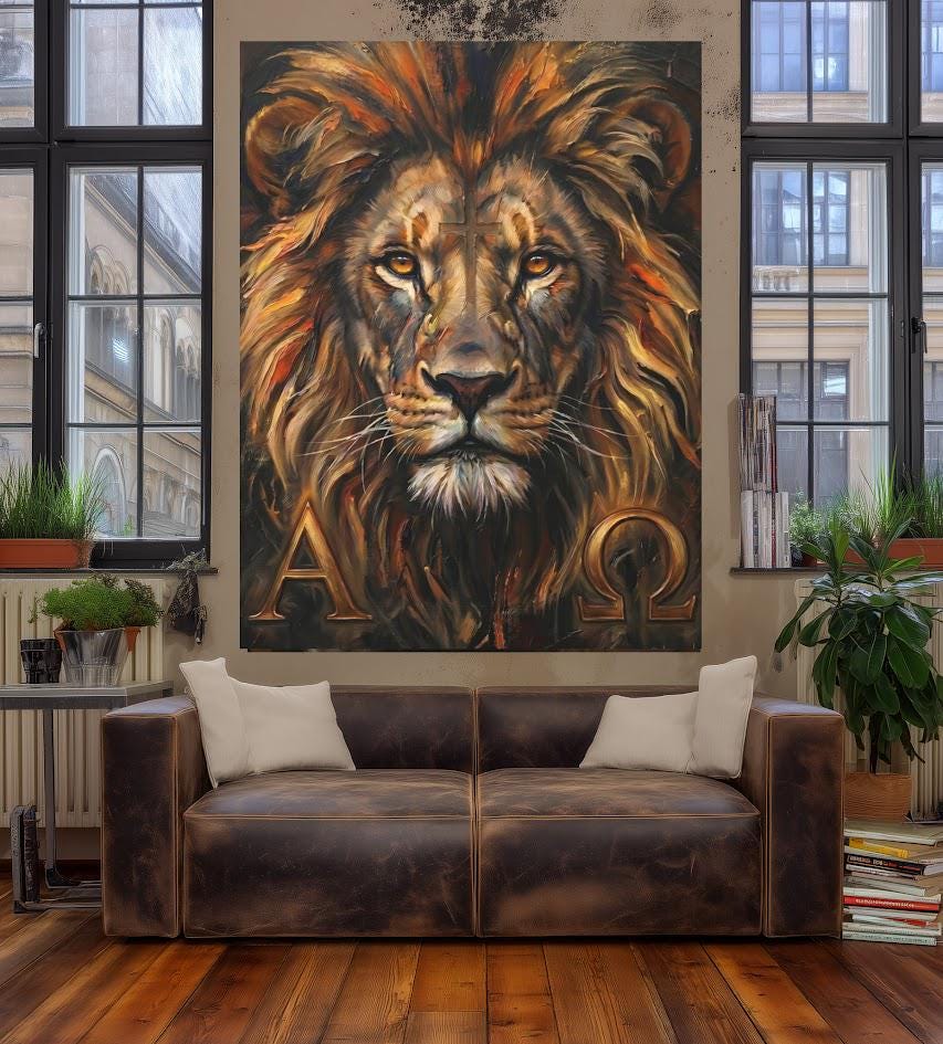 Alpha Omega Lion Wall Art | Lion of Judah Canvas Print | Christian Faith Decor — Framed Print wall art