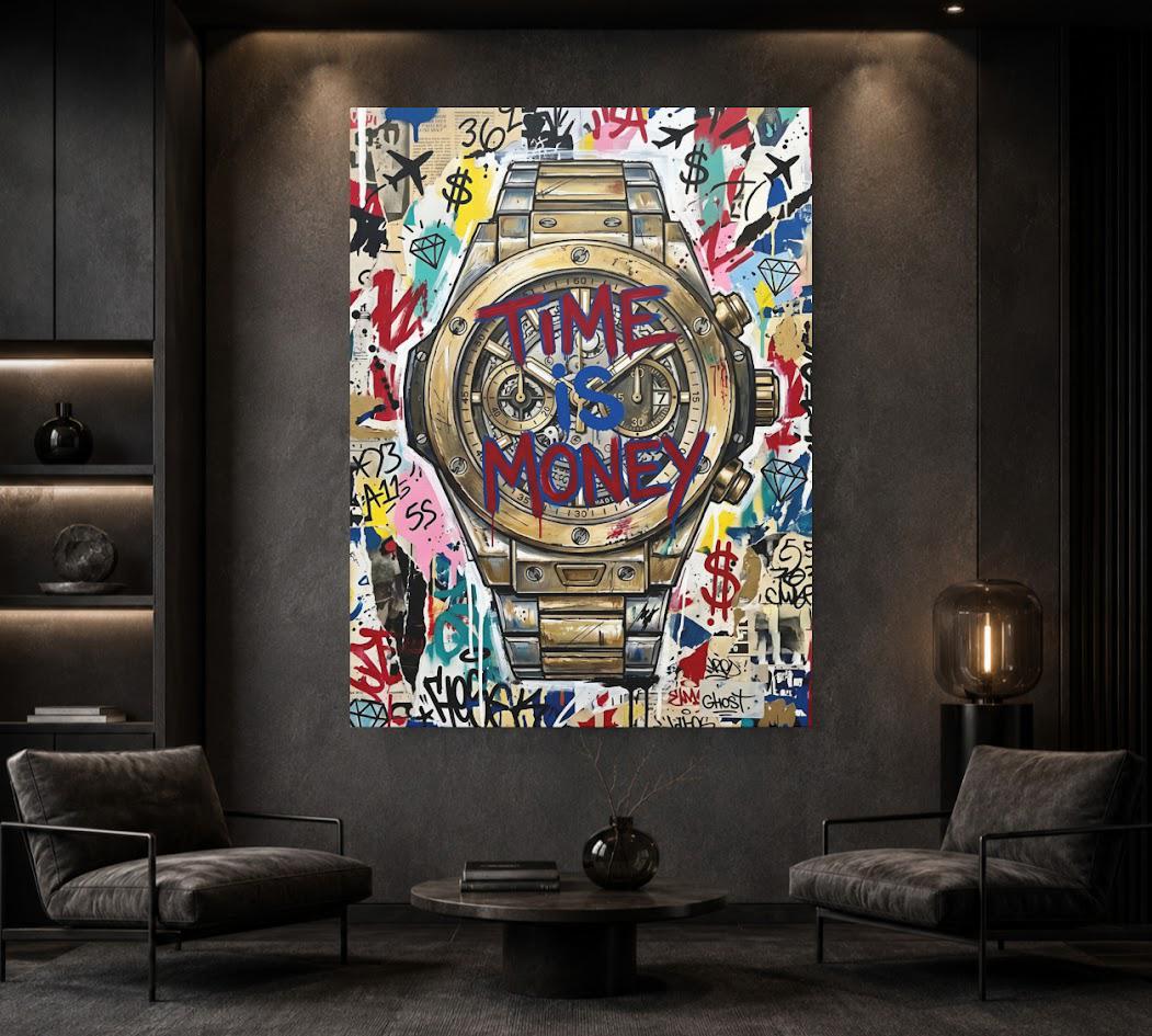Graffiti Luxury Watch Canvas Art, Time is Money Pop Art Print for Entrepreneur Office — Framed Print wall art