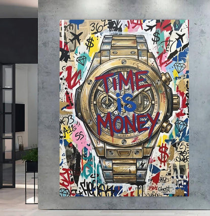 Graffiti Luxury Watch Canvas Art, Time is Money Pop Art Print for Entrepreneur Office — Framed Print wall art