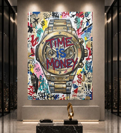 Graffiti Luxury Watch Canvas Art, Time is Money Pop Art Print for Entrepreneur Office — Framed Print wall art