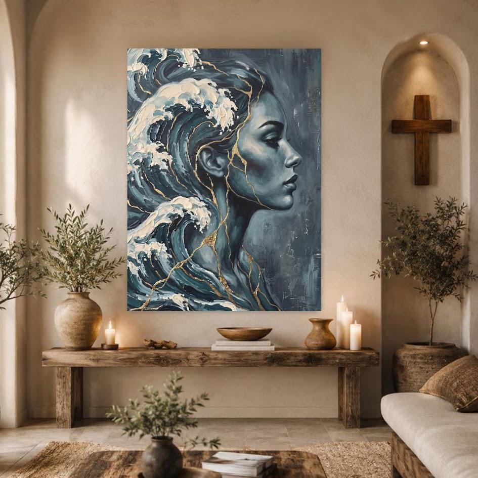 Ocean Woman Canvas Wall Art | Abstract Wave Painting | Blue Coastal Bathroom Decor — Framed Print wall art