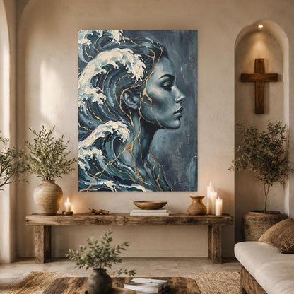 Ocean Woman Canvas Wall Art | Abstract Wave Painting | Blue Coastal Bathroom Decor — Framed Print wall art
