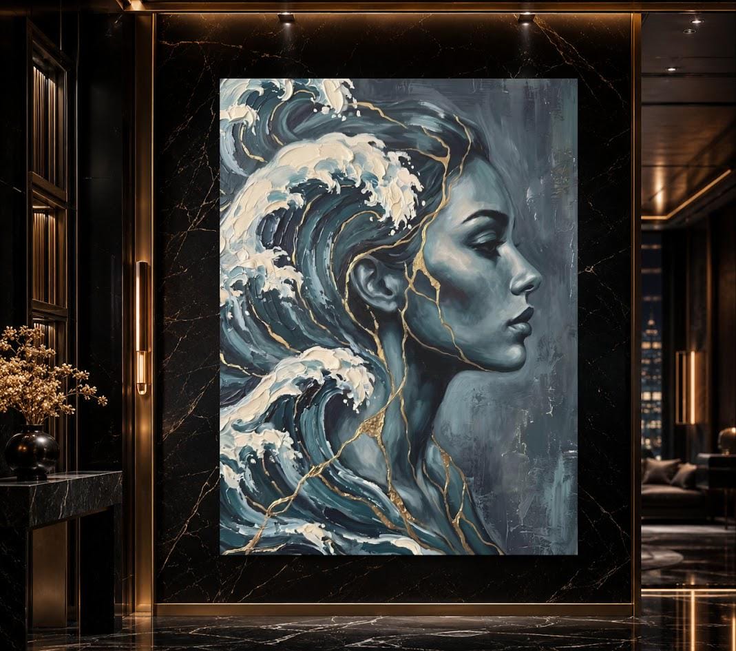 Ocean Woman Canvas Wall Art | Abstract Wave Painting | Blue Coastal Bathroom Decor — Framed Print wall art