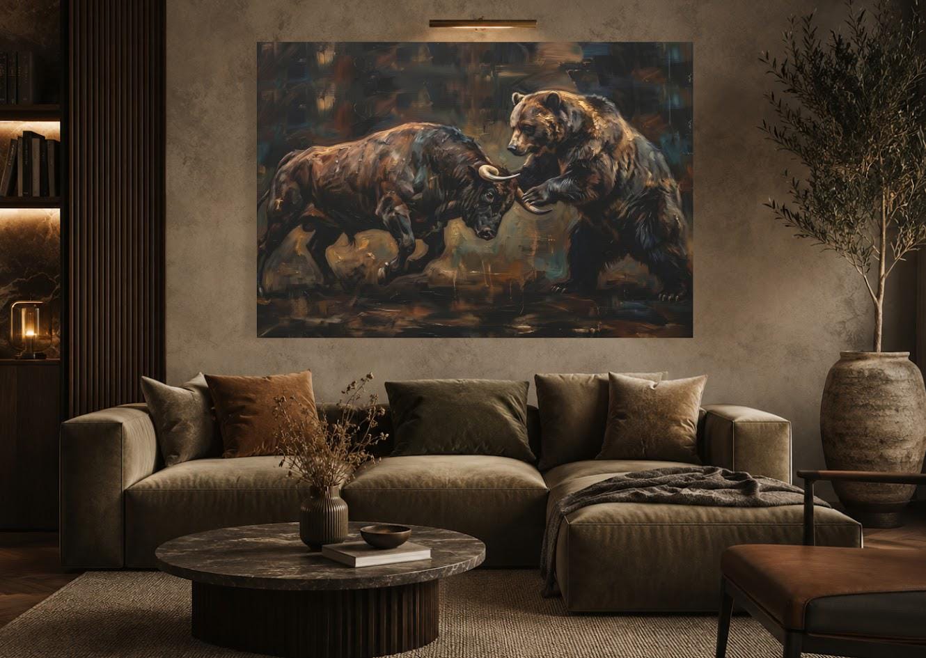 Bull vs Bear Stock Market Canvas Wall Art, Dark Moody Heavy Impasto Finance Print for Executive Office or Day Trader Gift —