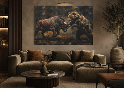Bull vs Bear Stock Market Canvas Wall Art, Dark Moody Heavy Impasto Finance Print for Executive Office or Day Trader Gift —