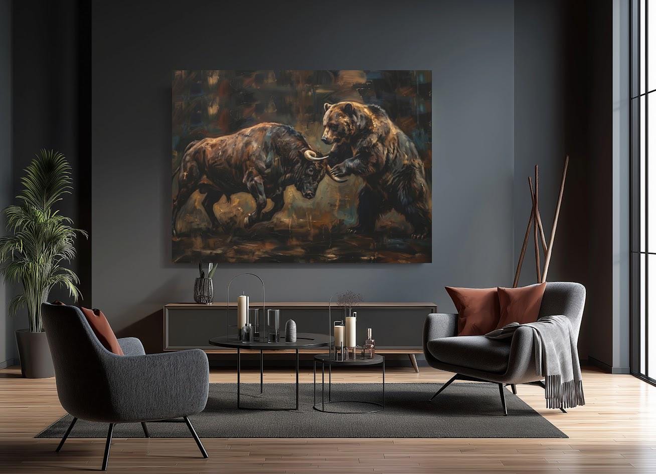 Bull vs Bear Stock Market Canvas Wall Art, Dark Moody Heavy Impasto Finance Print for Executive Office or Day Trader Gift —