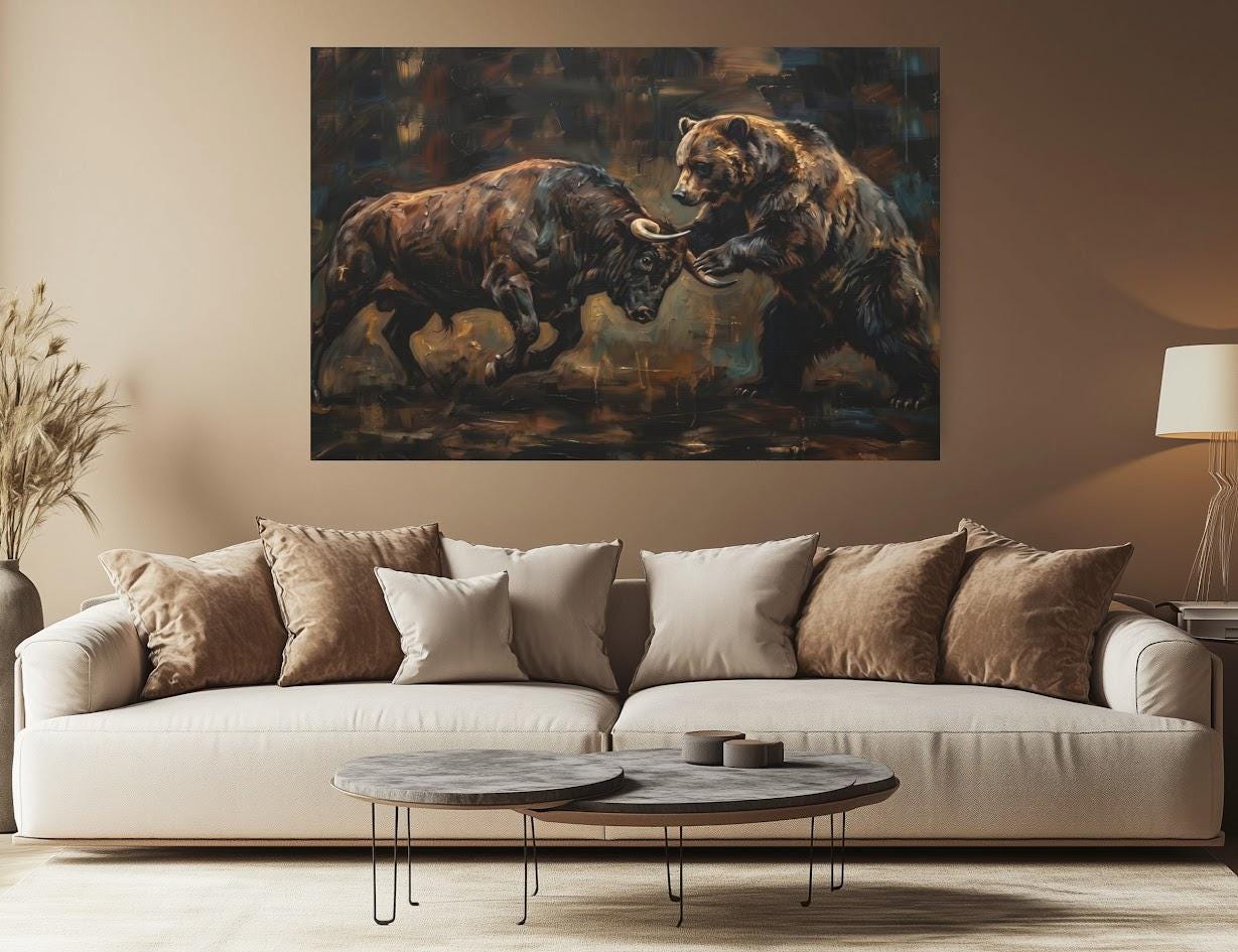 Bull vs Bear Stock Market Canvas Wall Art, Dark Moody Heavy Impasto Finance Print for Executive Office or Day Trader Gift —