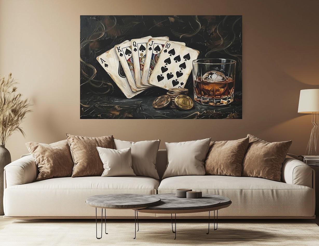 Royal Flush Poker Canvas Wall Art, Dark Moody Bourbon Print for Luxury Game Room — Framed Print wall art