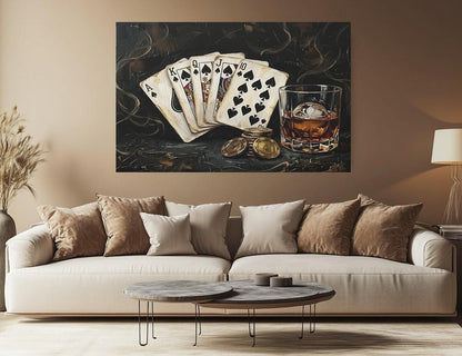 Royal Flush Poker Canvas Wall Art, Dark Moody Bourbon Print for Luxury Game Room — Framed Print wall art