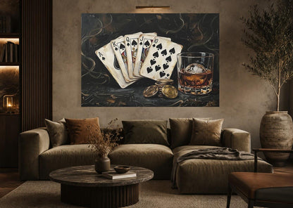 Royal Flush Poker Canvas Wall Art, Dark Moody Bourbon Print for Luxury Game Room — Framed Print wall art