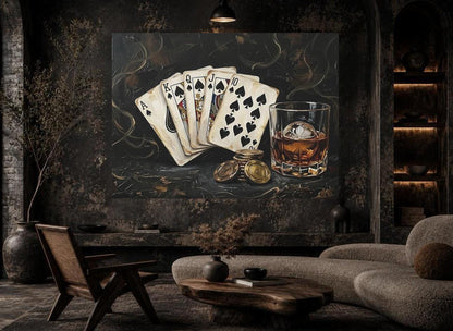 Royal Flush Poker Canvas Wall Art, Dark Moody Bourbon Print for Luxury Game Room — Framed Print wall art