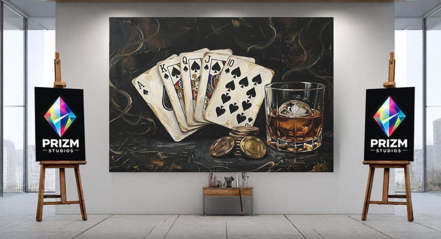 Royal Flush Poker Canvas Wall Art, Dark Moody Bourbon Print for Luxury Game Room — Poster wall art