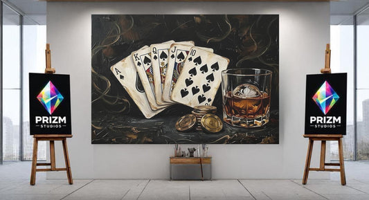 Royal Flush Poker Canvas Wall Art, Dark Moody Bourbon Print for Luxury Game Room — Poster wall art