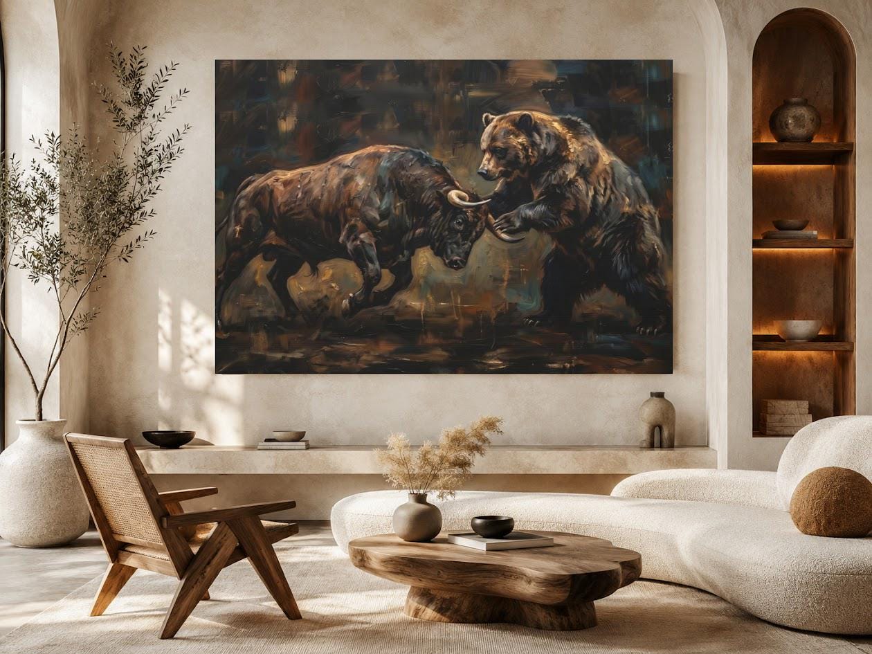 Bull vs Bear Stock Market Canvas Wall Art, Dark Moody Heavy Impasto Finance Print for Executive Office or Day Trader Gift —