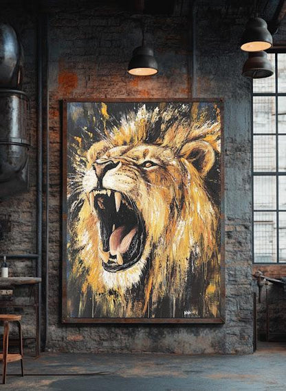 Roaring Lion Wall Art Canvas Print, Bold Wildlife Decor for Office, Living Room or Man Cave — Framed Print wall art