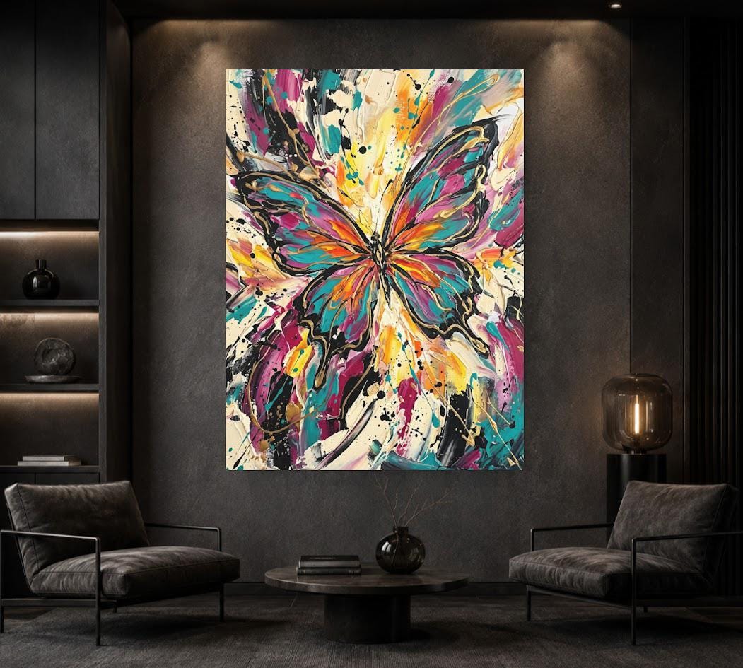 Abstract Butterfly Canvas Wall Art, Colorful Impasto Print for Maximalist Living Room — Framed Print wall art