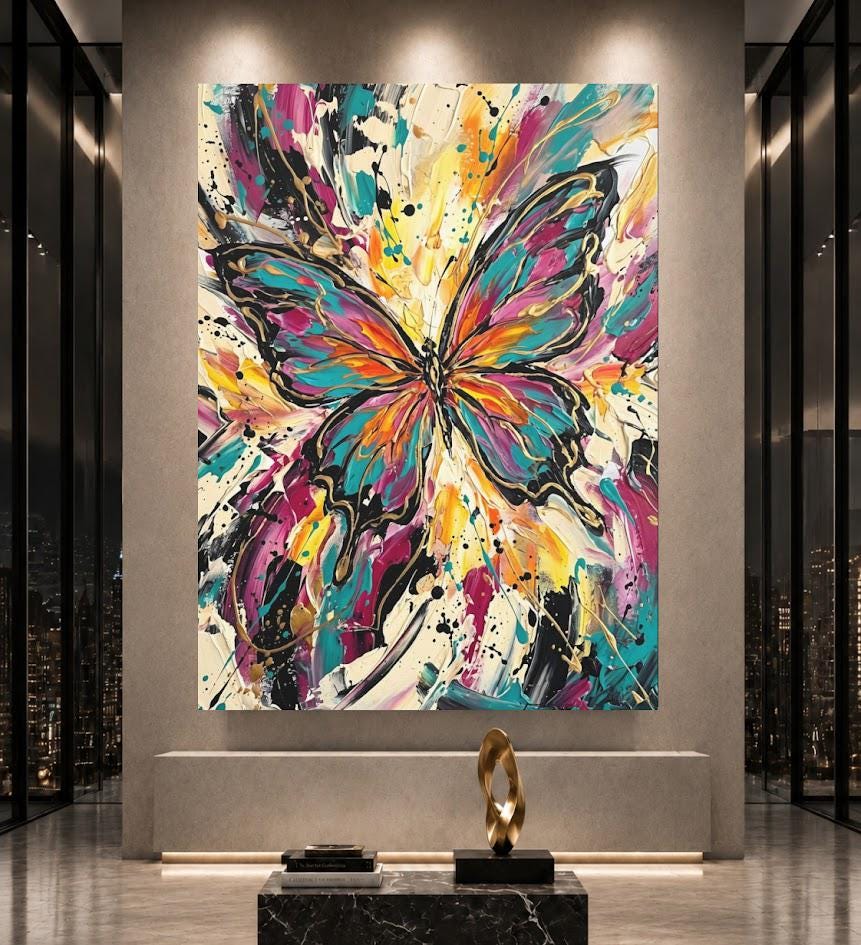 Abstract Butterfly Canvas Wall Art, Colorful Impasto Print for Maximalist Living Room — Framed Print wall art