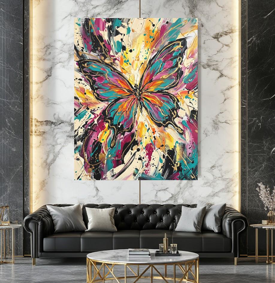 Abstract Butterfly Canvas Wall Art, Colorful Impasto Print for Maximalist Living Room — Framed Print wall art
