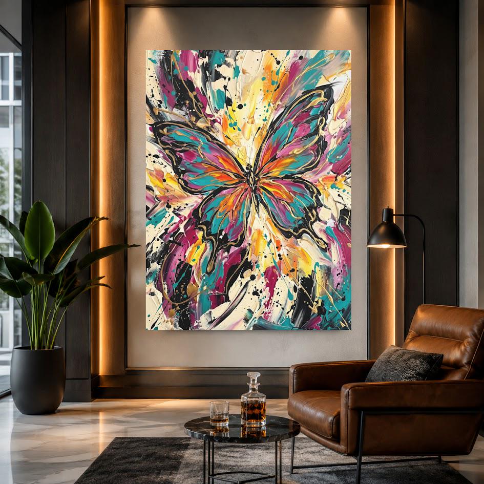 Abstract Butterfly Canvas Wall Art, Colorful Impasto Print for Maximalist Living Room — Framed Print wall art