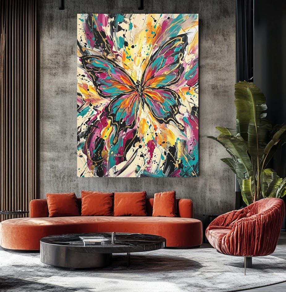 Abstract Butterfly Canvas Wall Art, Colorful Impasto Print for Maximalist Living Room — Framed Print wall art