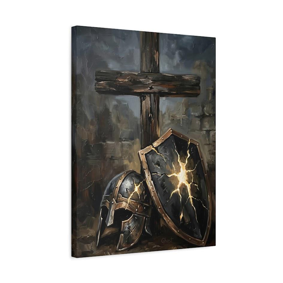 Armor of God Canvas Wall Art, Dark Moody Shield and Cross Print for Executive Office, Spartan Poster — Canvas wall art