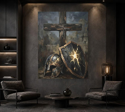 Armor of God Canvas Wall Art, Dark Moody Shield and Cross Print for Executive Office, Spartan Poster — Framed Print wall art