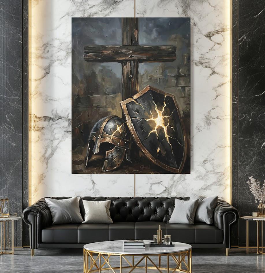 Armor of God Canvas Wall Art, Dark Moody Shield and Cross Print for Executive Office, Spartan Poster — Framed Print wall art