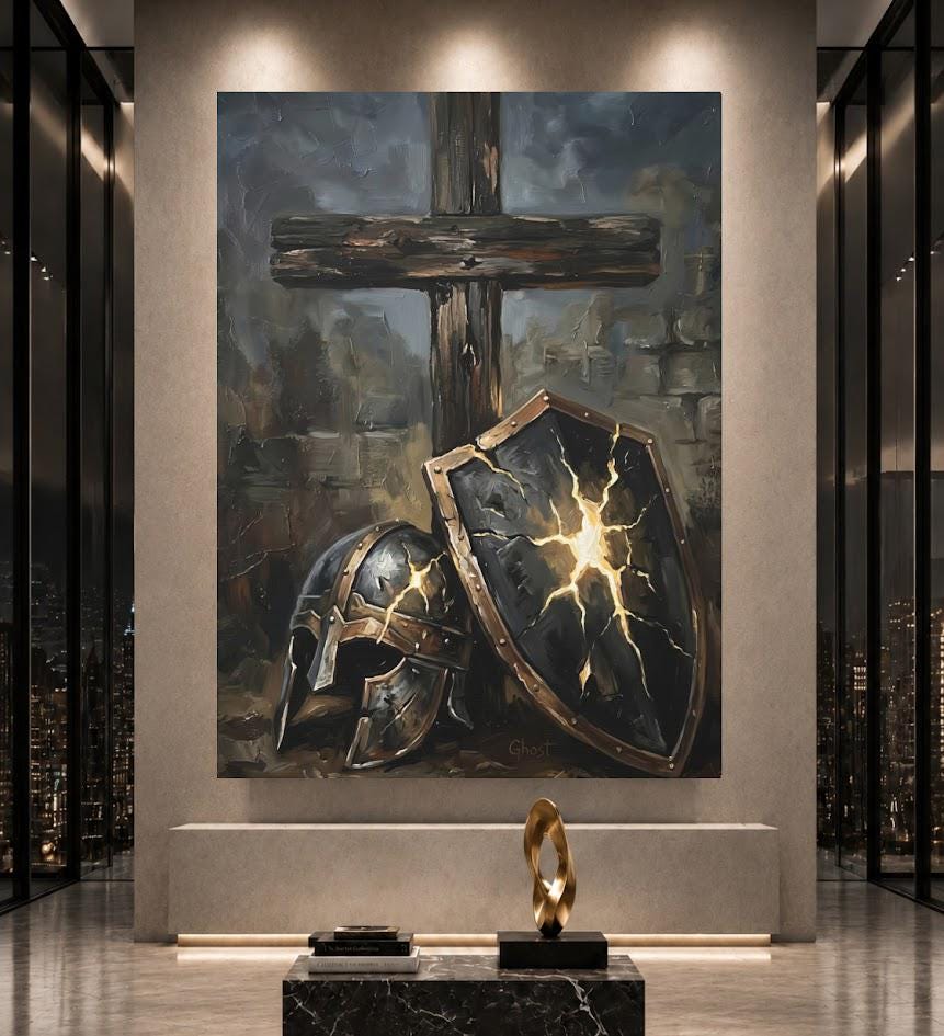 Armor of God Canvas Wall Art, Dark Moody Shield and Cross Print for Executive Office, Spartan Poster — Framed Print wall art