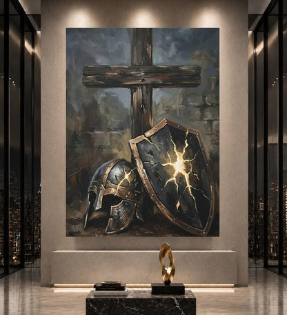 Armor of God Canvas Wall Art, Dark Moody Shield and Cross Print for Executive Office, Spartan Poster — Framed Print wall art