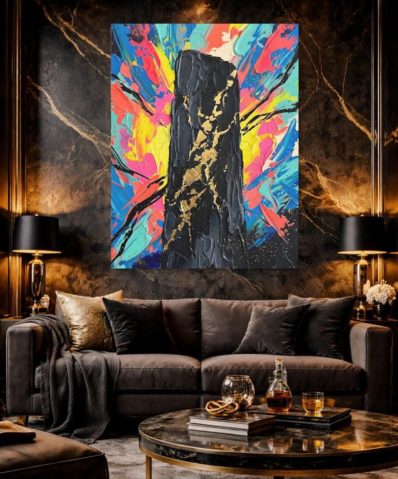 Colorful Abstract Wall Art | Black Gold Canvas Print | Modern Office Decor — Framed Print wall art