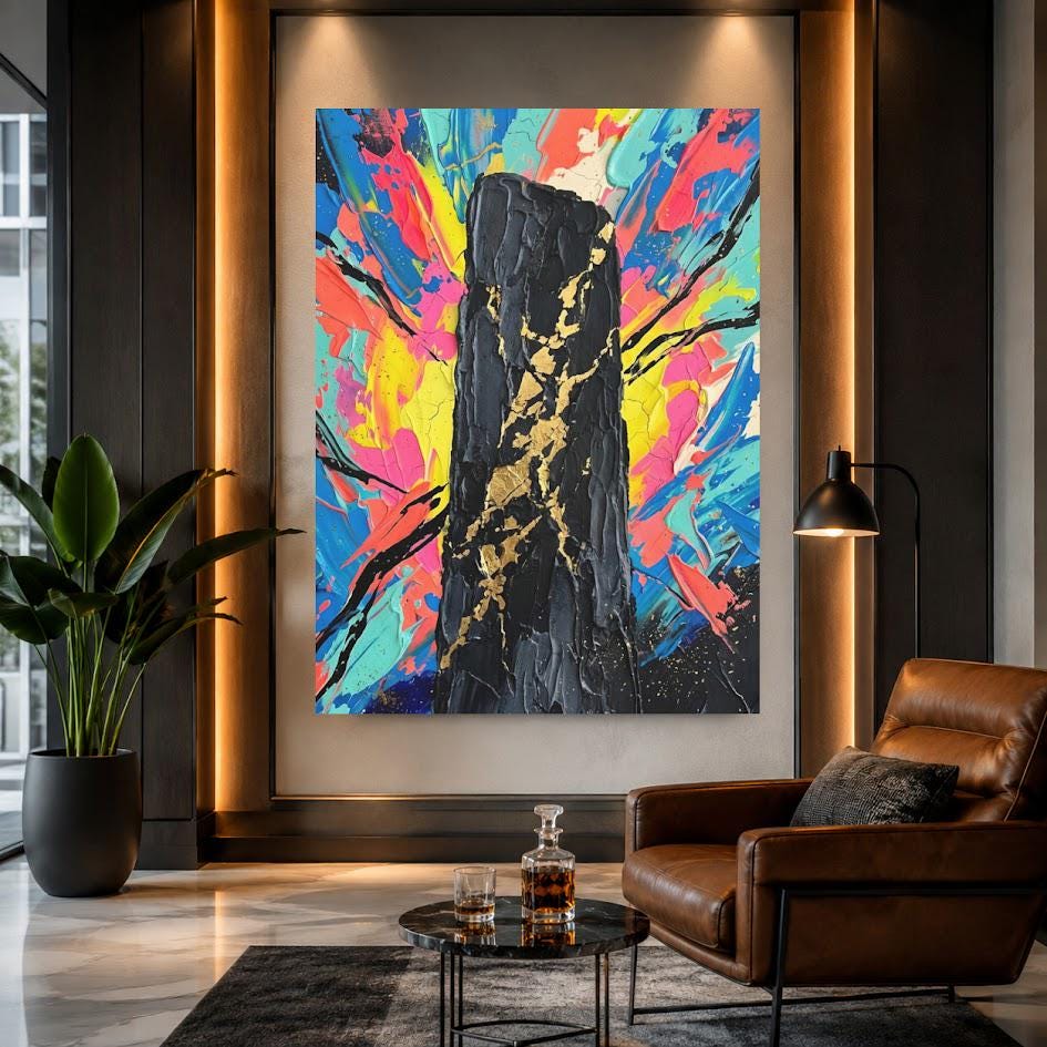 Colorful Abstract Wall Art | Black Gold Canvas Print | Modern Office Decor — Framed Print wall art