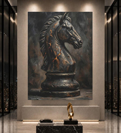 Chess Knight Wall Art, Dark Strategy Canvas Print, Masculine Office Decor, Chess Piece Artwork, Man Cave Wall Decor — Framed
