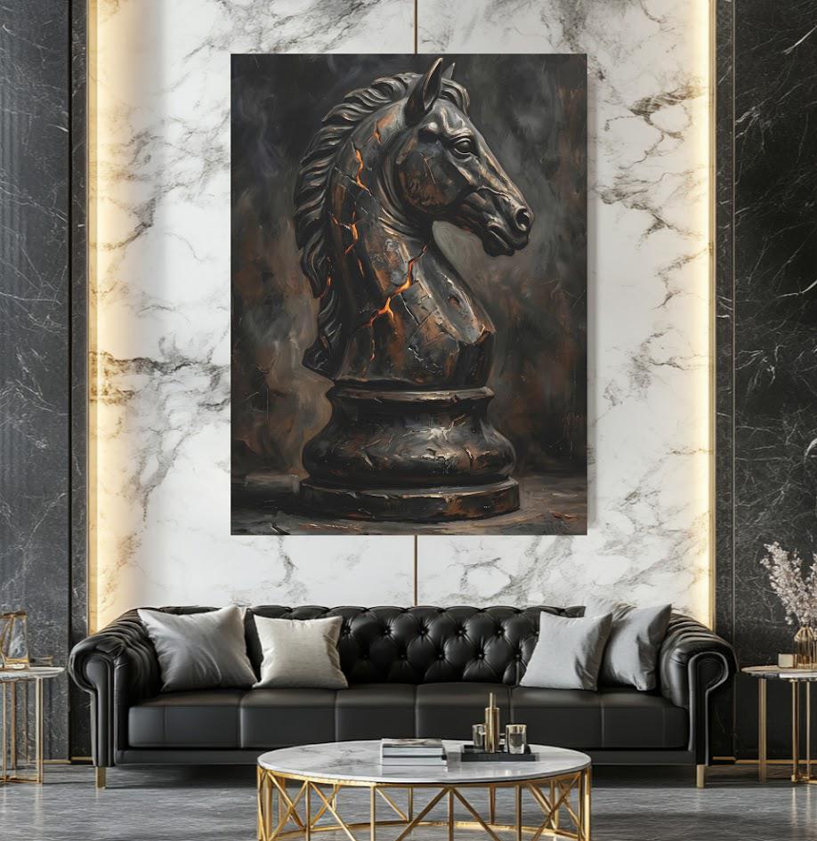 Chess Knight Wall Art, Dark Strategy Canvas Print, Masculine Office Decor, Chess Piece Artwork, Man Cave Wall Decor — Framed