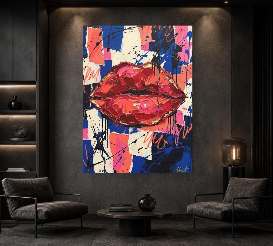 Red Lips Wall Art | Graffiti Pop Art Canvas Print | Beauty Salon Decor — Framed Print wall art