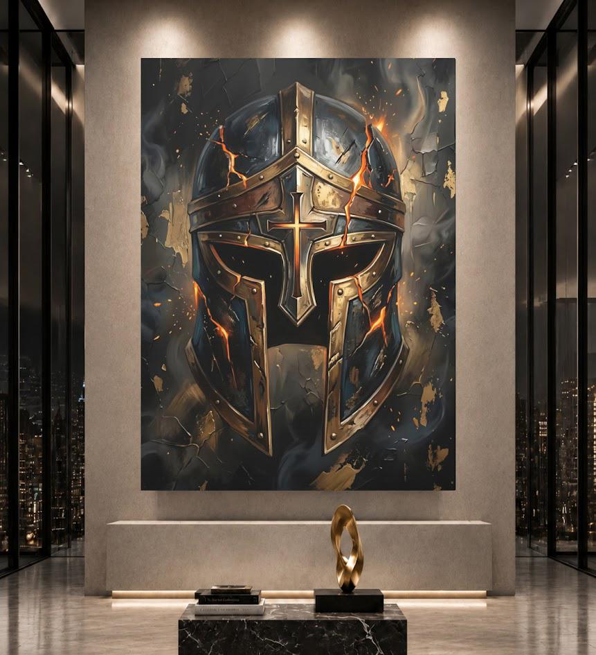 Armor of God Canvas Wall Art, Christian Warrior Helmet Print for Masculine Faith Office or Man Cave — Framed Print wall art