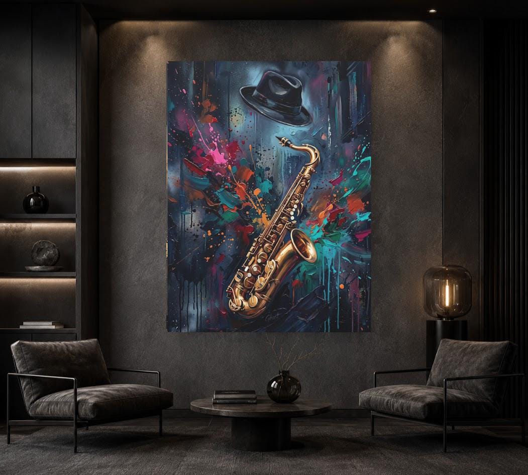 Jazz Saxophone Canvas Wall Art, Colorful Abstract Music Print for Home Bar or Lounge — Framed Print wall art