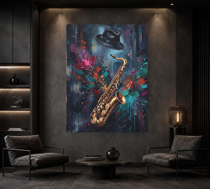 Jazz Saxophone Canvas Wall Art, Colorful Abstract Music Print for Home Bar or Lounge — Framed Print wall art