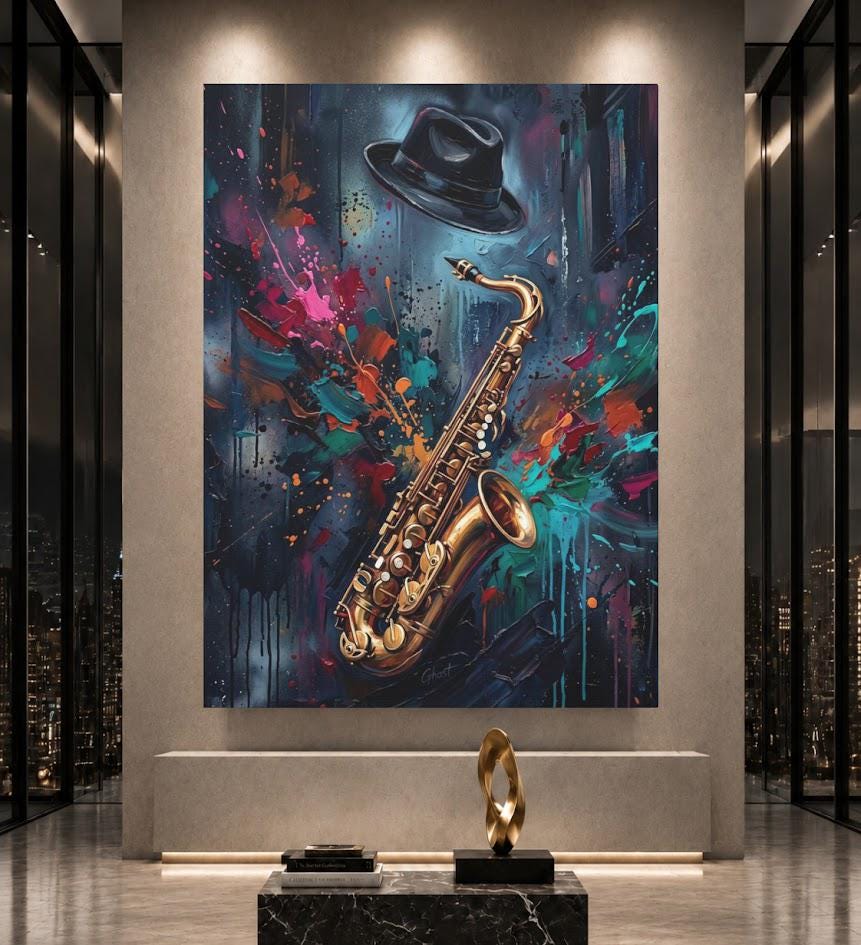 Jazz Saxophone Canvas Wall Art, Colorful Abstract Music Print for Home Bar or Lounge — Poster wall art