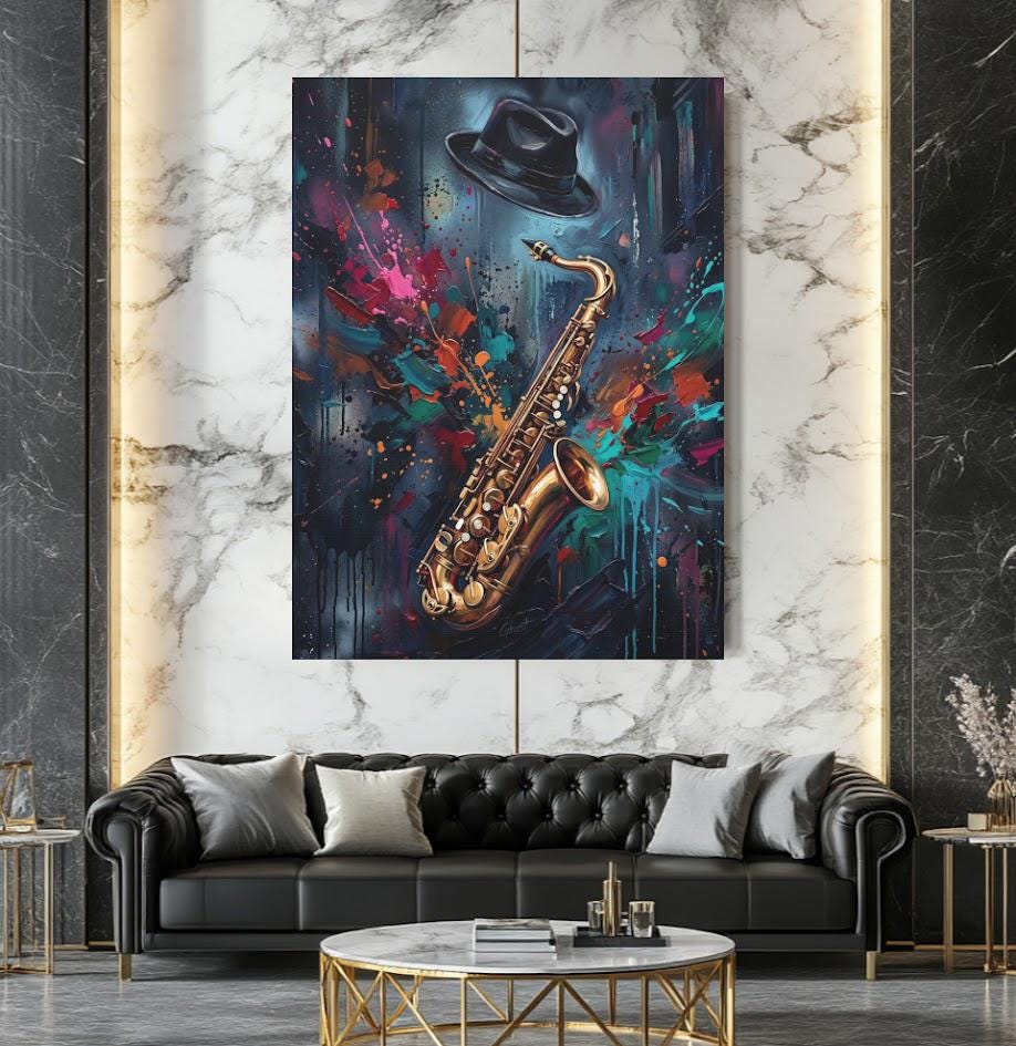 Jazz Saxophone Canvas Wall Art, Colorful Abstract Music Print for Home Bar or Lounge — Framed Print wall art