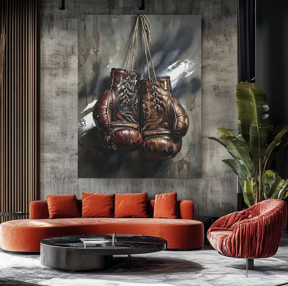 Vintage Boxing Gloves Wall Art, Dark Fighter Canvas Print, Man Cave Sports Artwork — Framed Print wall art
