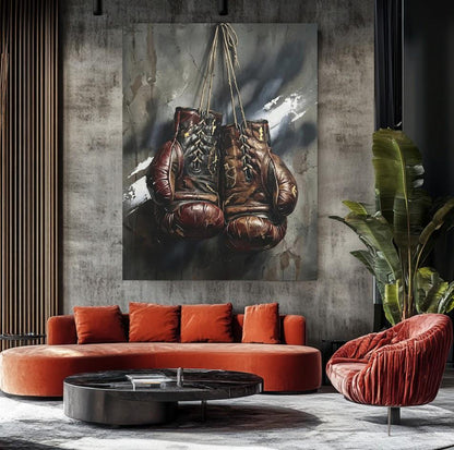 Vintage Boxing Gloves Wall Art, Dark Fighter Canvas Print, Man Cave Sports Artwork — Framed Print wall art